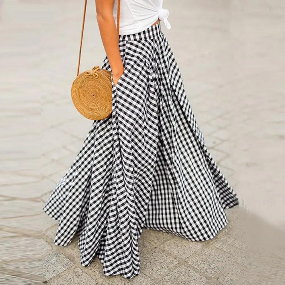 2024 Vintage Bohemian Women High Waist Summer Long Skirt Plaid Pockets Casual A-Line Maxi Skirts Elegant Beach Skirt Long Skirt