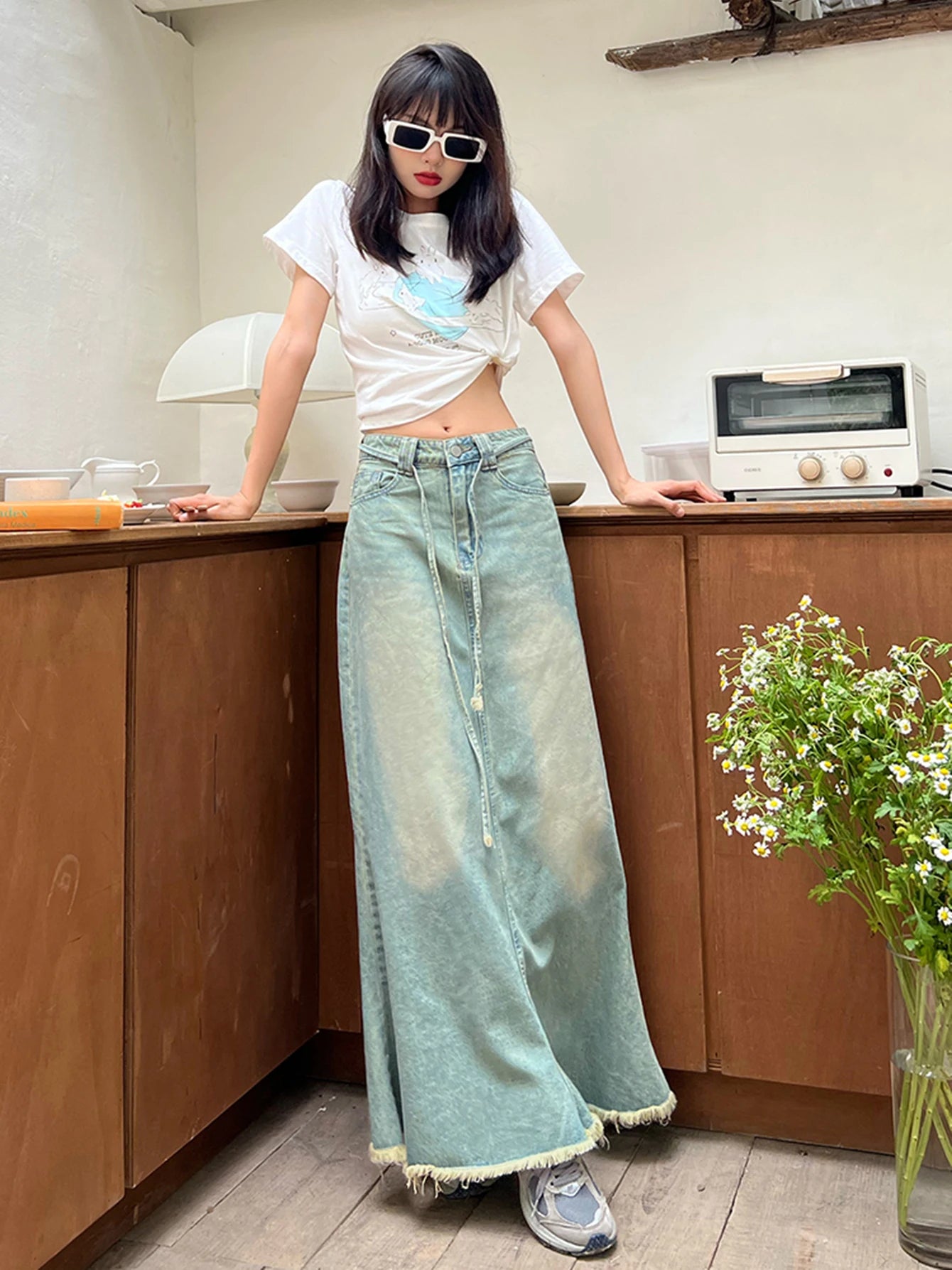 REDDACHiC 90s Retro Green Wash Long Jeans Fishtail Skirt Women Bandage High Waist Frayed Denim Maxi Skirt  Y2k Streetwear