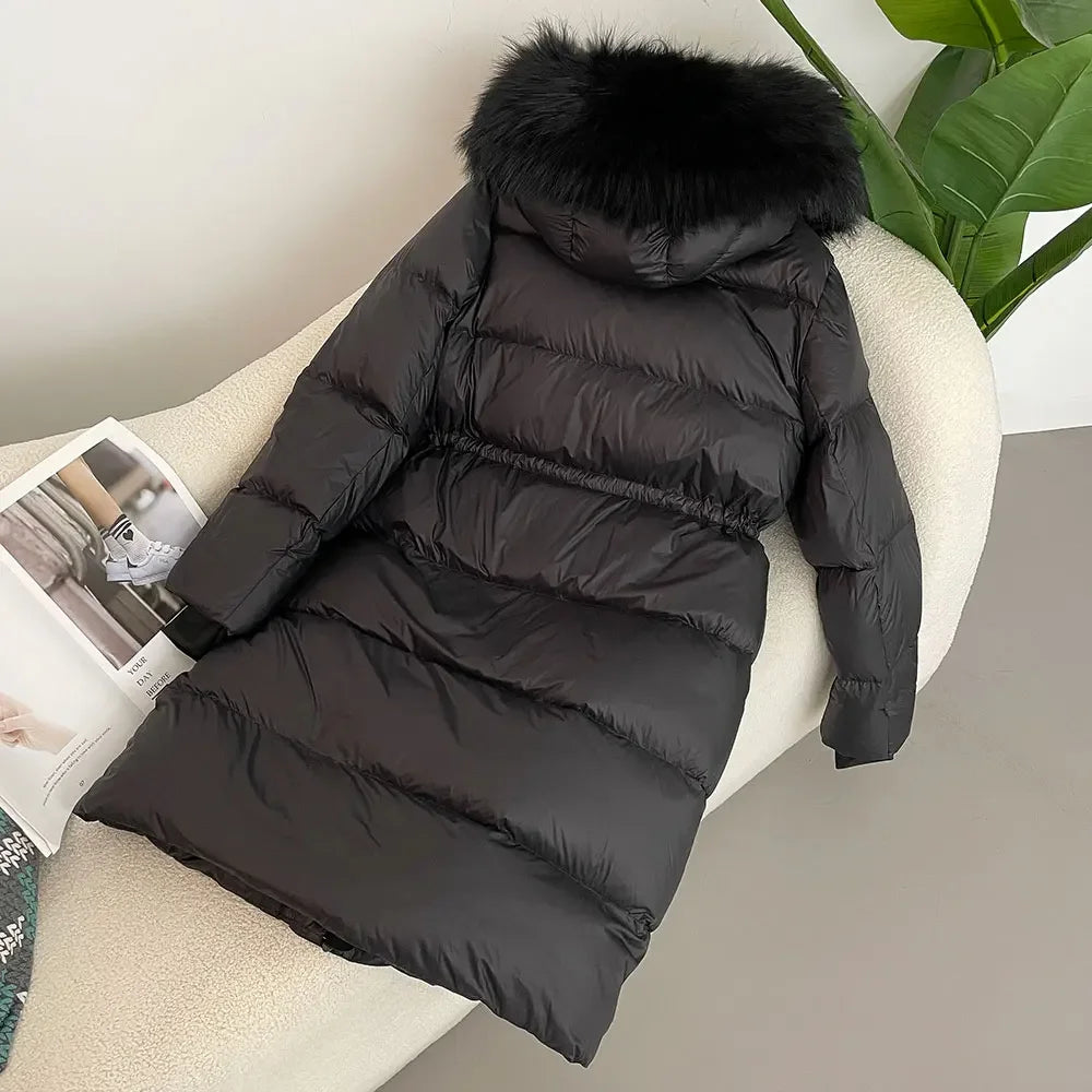 2024 - 2025 Winter New White Duck Down Real Fox Fur Real Raccoon Fur Long Hooded Coat Women Slim Warm Jacket Female Casual Fashion