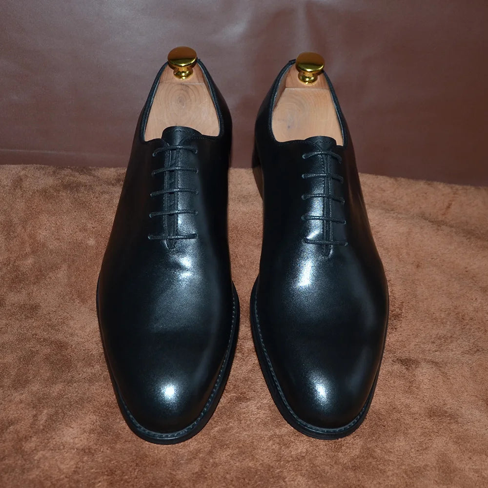 Brand Designer Whole Cut Oxford Dress Shoes Men Genuine Leather Handmade Lace Up Plain Toe Business Office Formal Wedding Shoe
