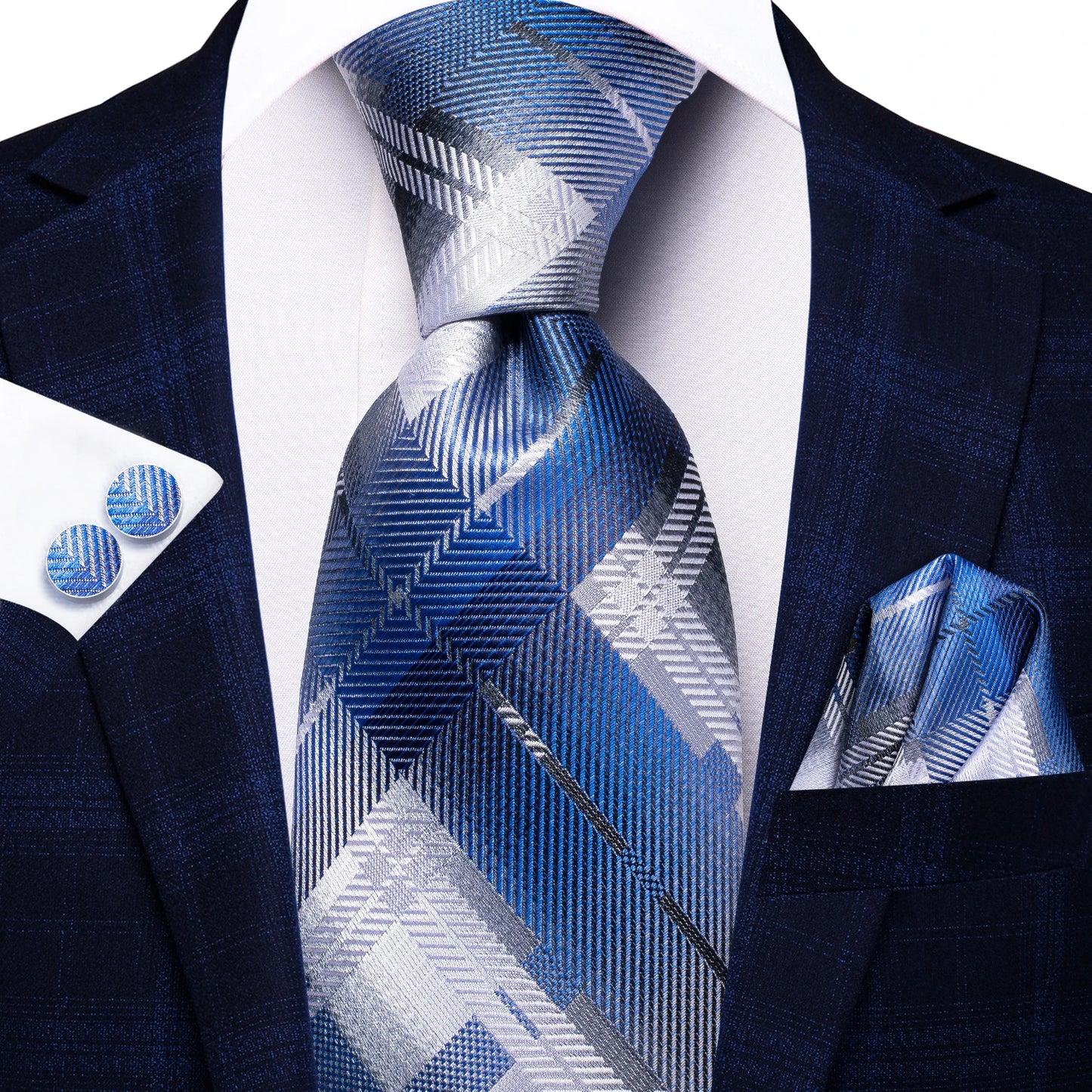 Brand New 2025 Hi-Tie Light Blue Striped Business Mens Tie 8.5cm Jacquard Necktie Accessorie Daily Wear Cravat Wedding Party Hanky Cufflink Set