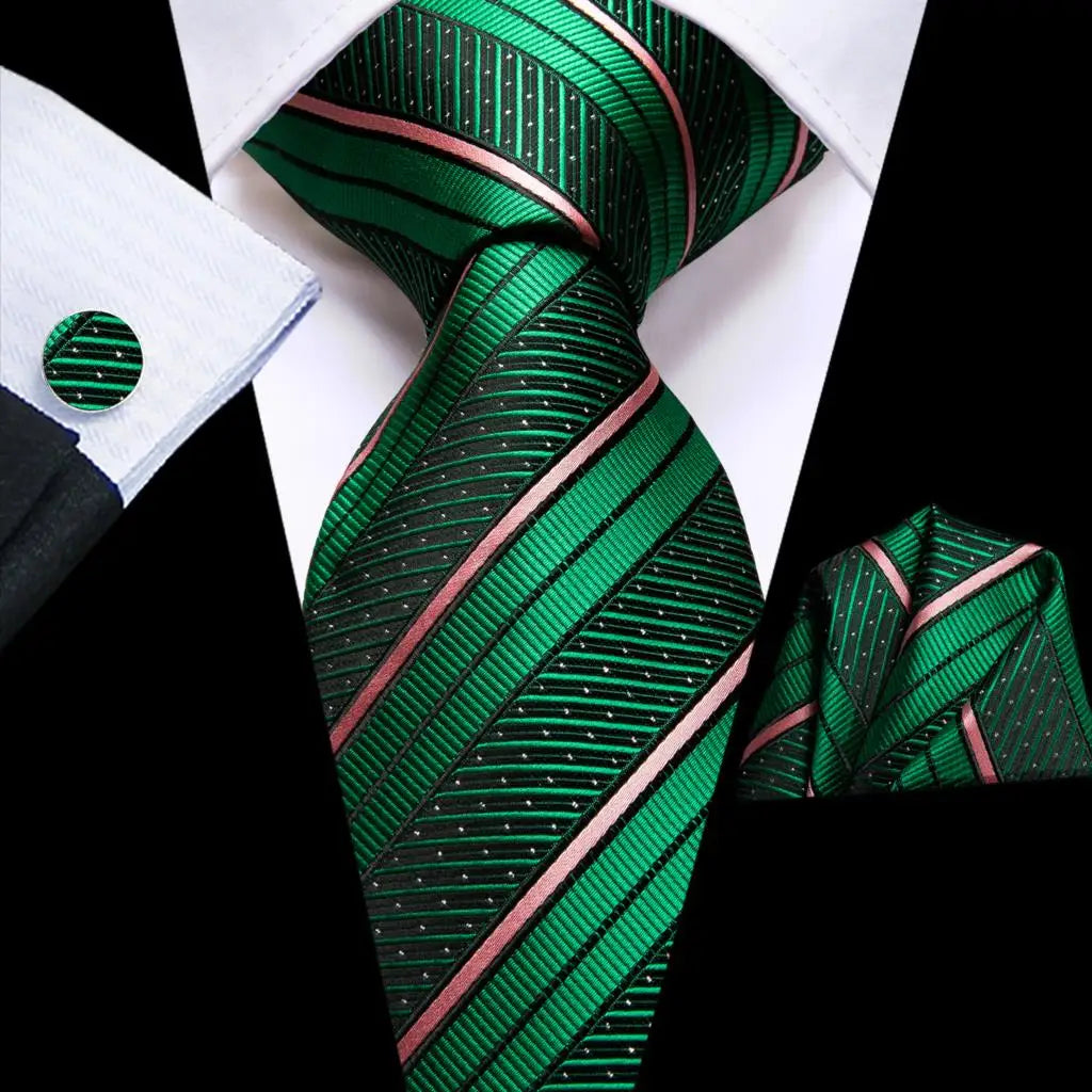 Our Brand  2025 Hi Tie Striped Sage Green Mens Fashion Necktie Handkerchief Cufflinks for Tuxedo Accessory Classic Silk Luxury Tie for Man Gift