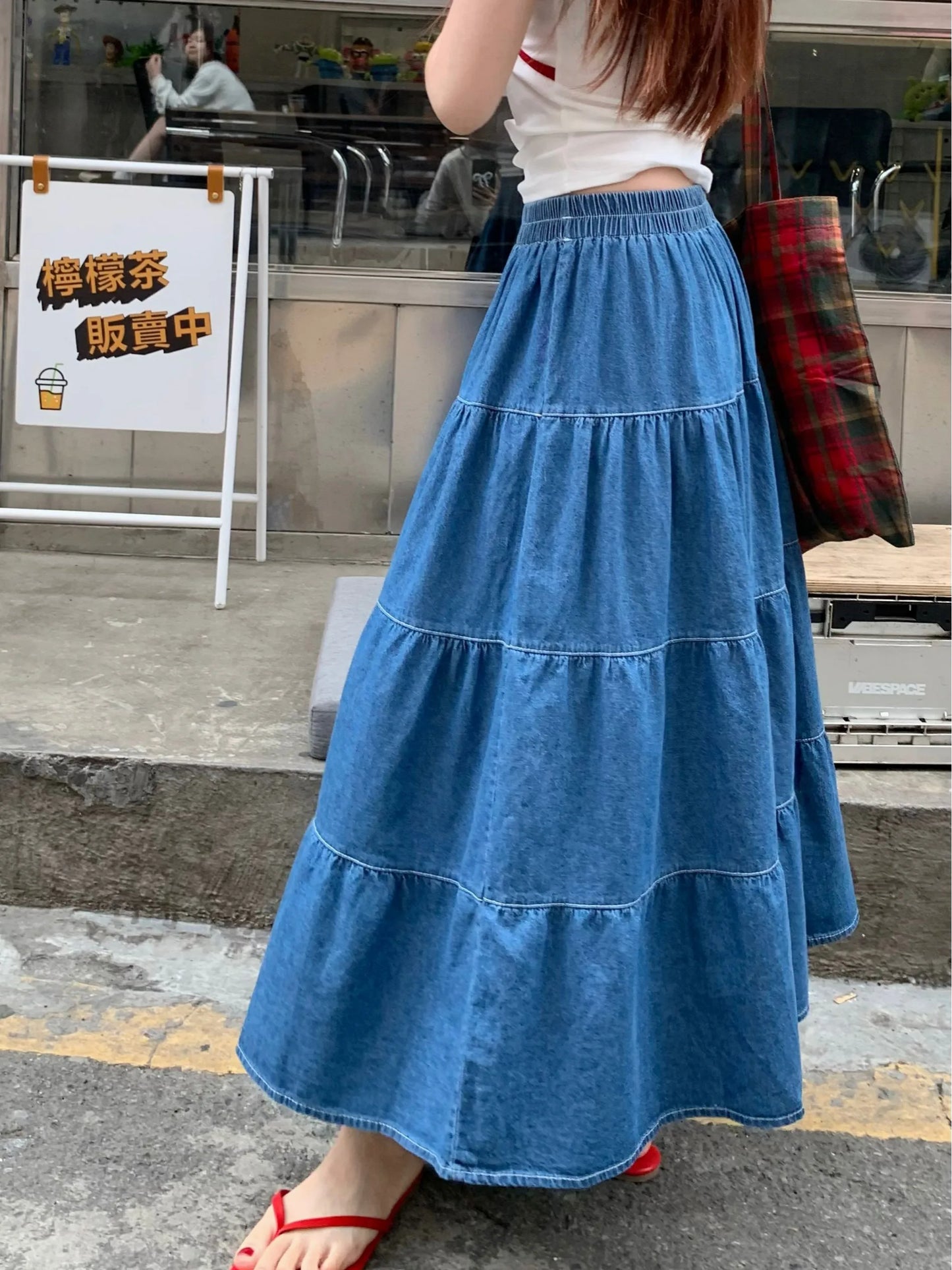 Vintage Women Denim Skirts Long Denim Layered Ladies 2024 Summer A-Line Loose Casual Elastic High Waist Midi Jeans Skirt L985