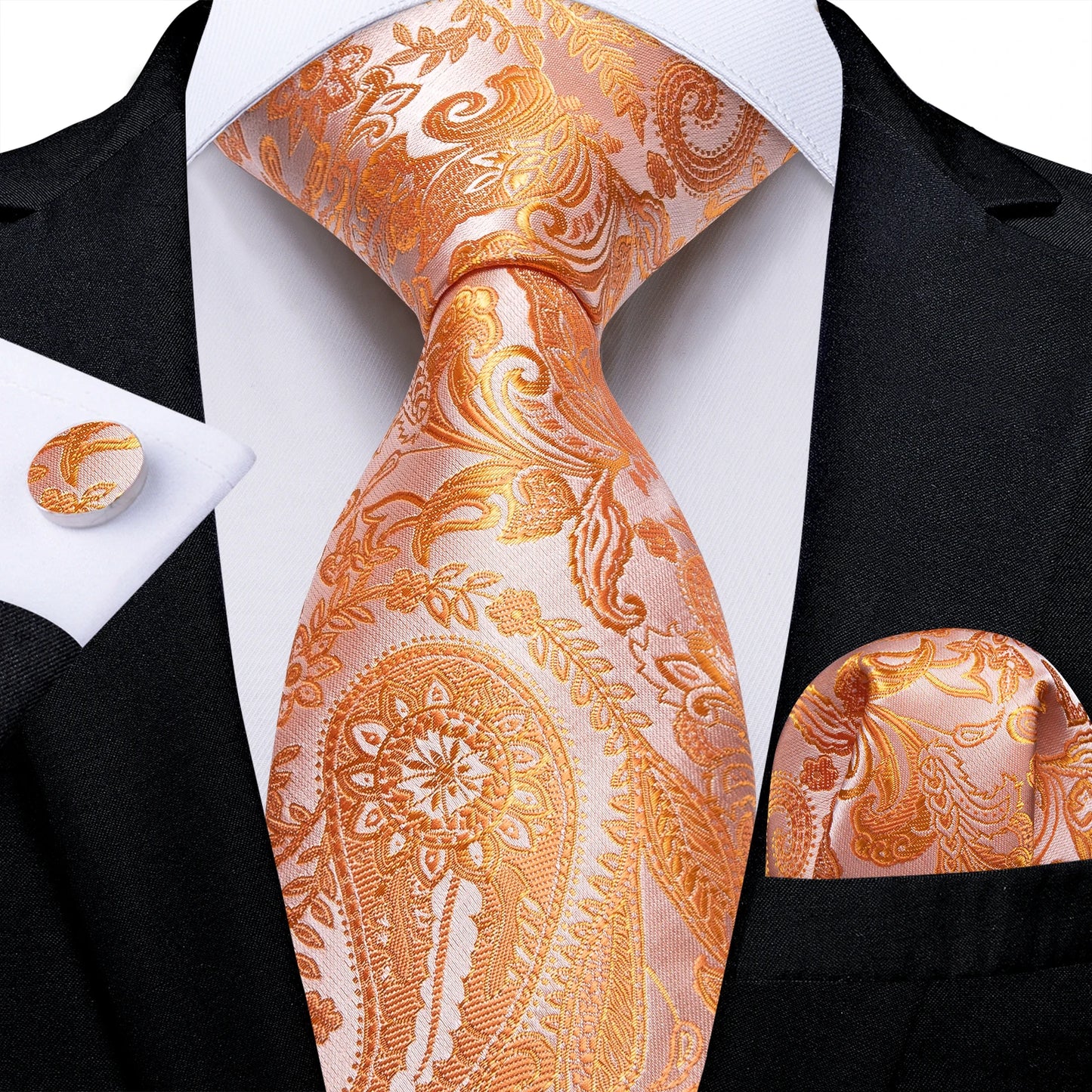 Brand New 2025 Mens Tie 100% Silk Classic Jacquard Woven 8cm Gold Yellow Formal Business Wedding Neck Tie Pocket Square Set Suit Cravat