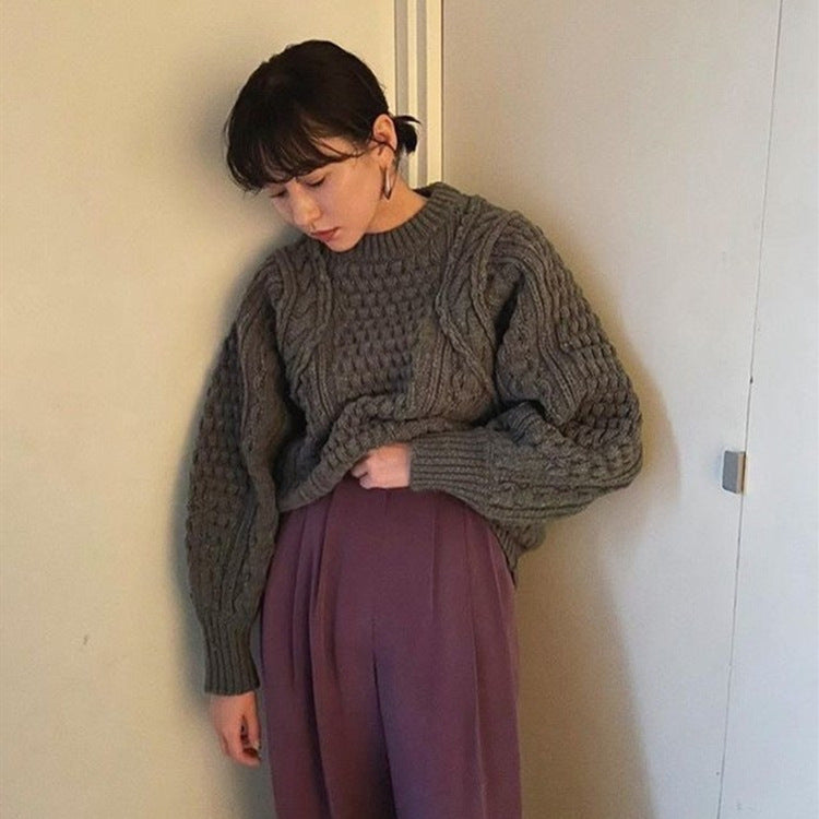 Loose Lazy Round Neck Thickened Thermal Head Cover Cable-knit Sweater