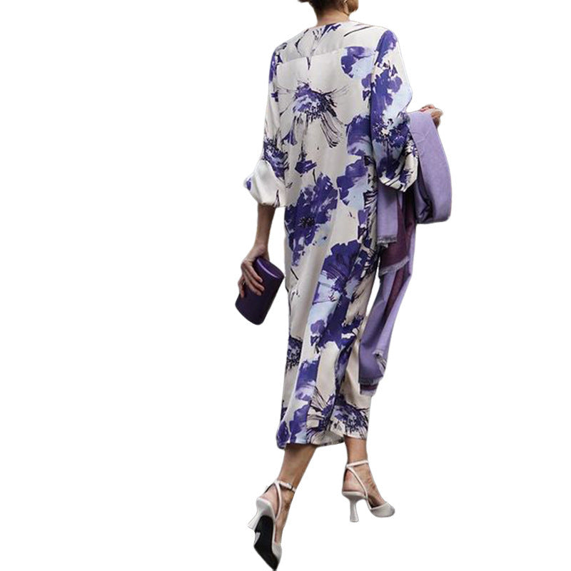 Fashion Temperament Printed Vacation V-neck Mid-length Dress