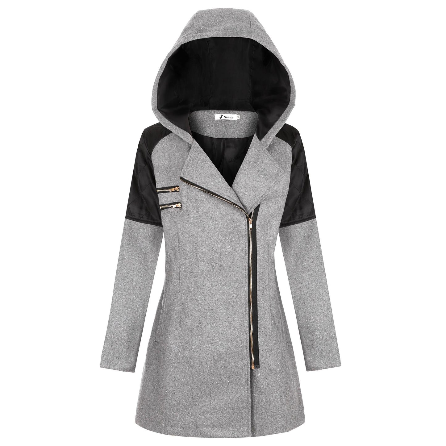 Foreign trade explosions Europe and the United States New oblique zipper hooded thick warm women's woolen coat long women's windbreaker