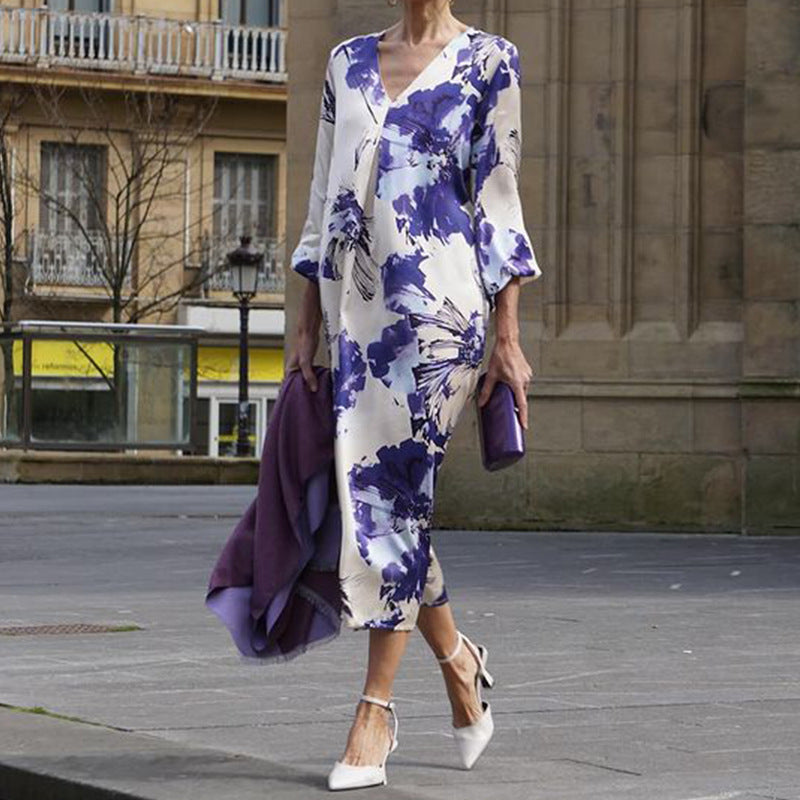 Fashion Temperament Printed Vacation V-neck Mid-length Dress