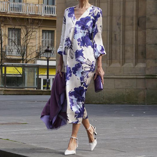 Fashion Temperament Printed Vacation V-neck Mid-length Dress