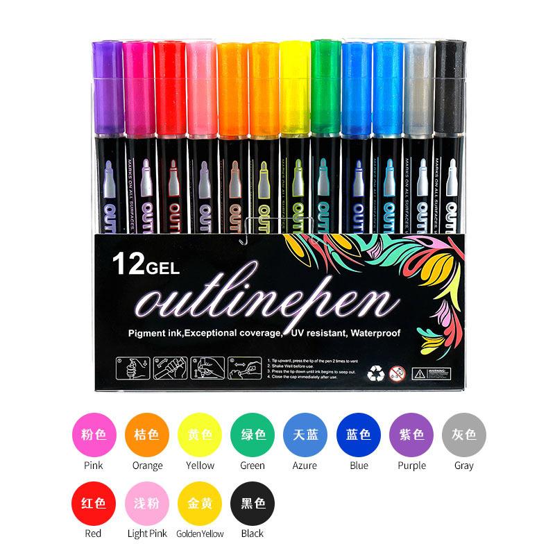 Amazony Explosions Fantasy Flash Double Line Contour Pen 48 Color DIY Hand Account Graffiti Metallic Highlighter Pen