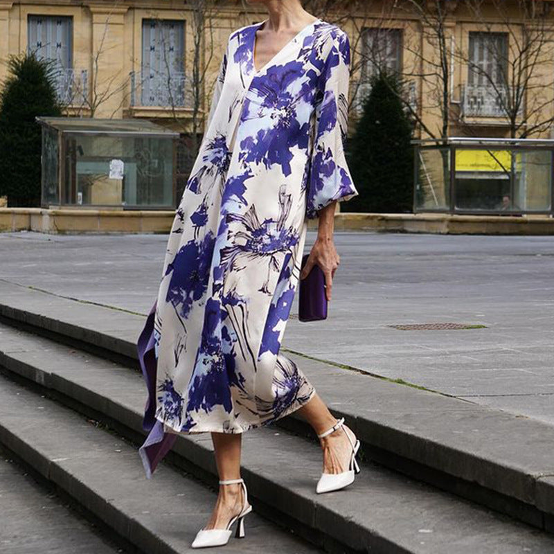 Fashion Temperament Printed Vacation V-neck Mid-length Dress