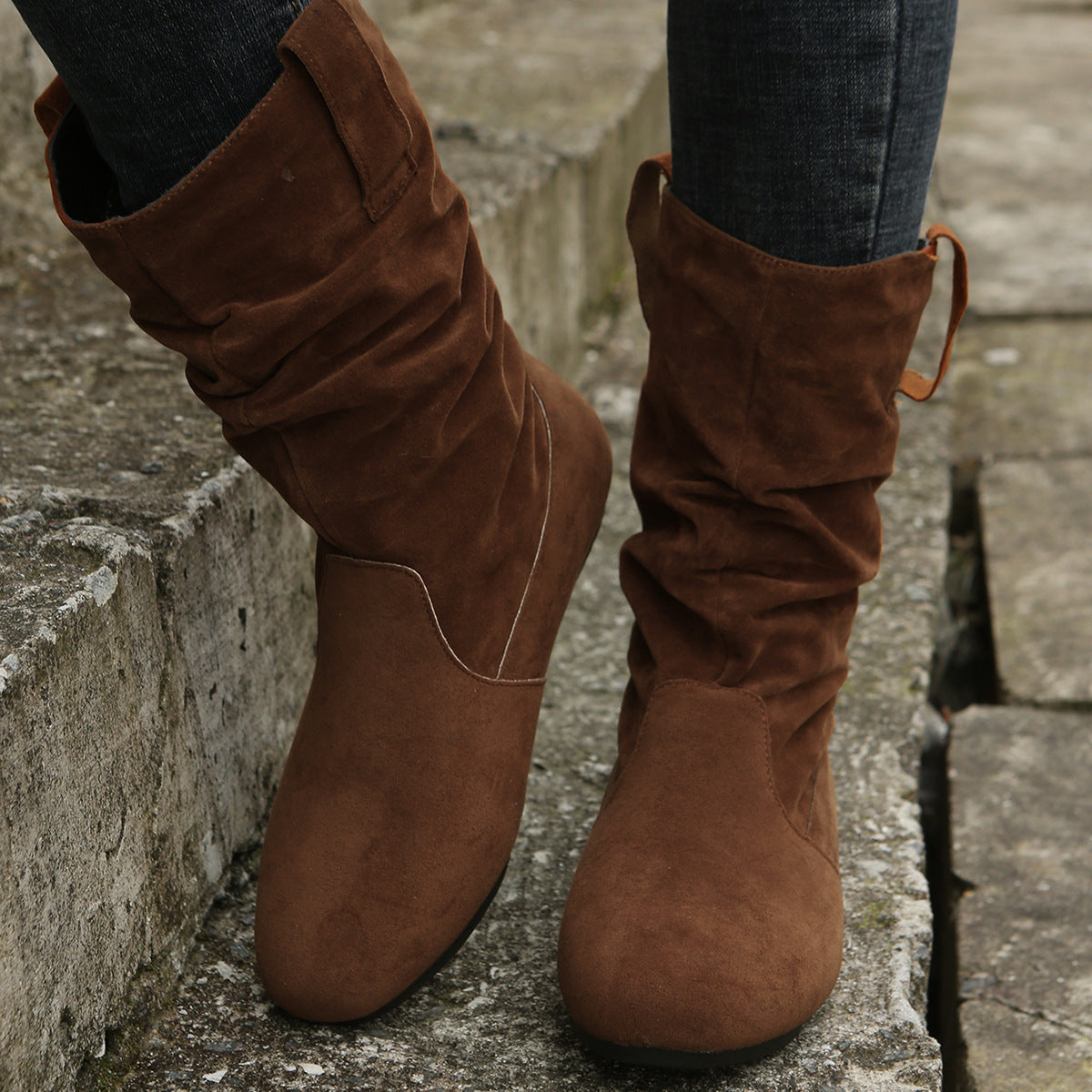 Winter Round Toe Flat Boots Fashion Solid Color Suede Mid-calf Boot Winter Warm Shoes For Women