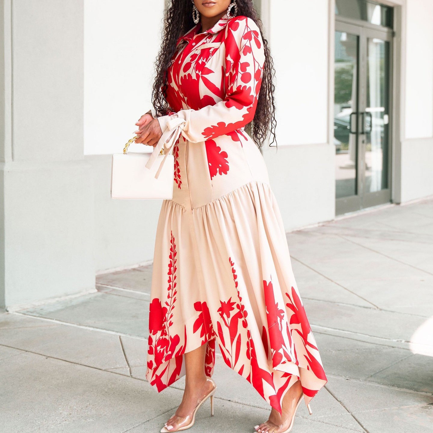 Long Sleeve Printing Lapel Irregular Loose Dress