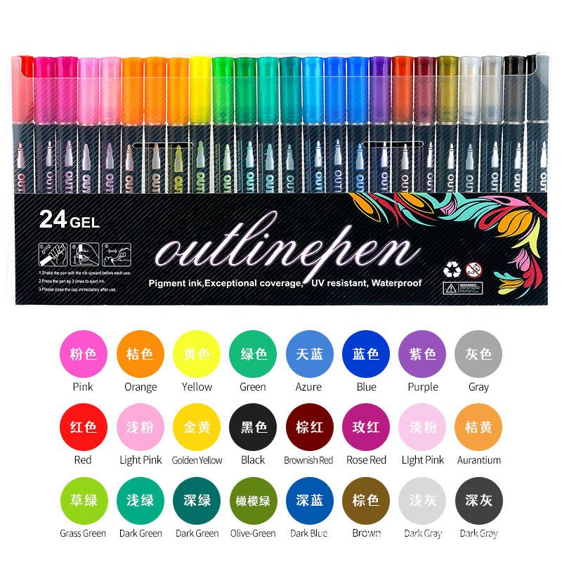 Amazony Explosions Fantasy Flash Double Line Contour Pen 48 Color DIY Hand Account Graffiti Metallic Highlighter Pen