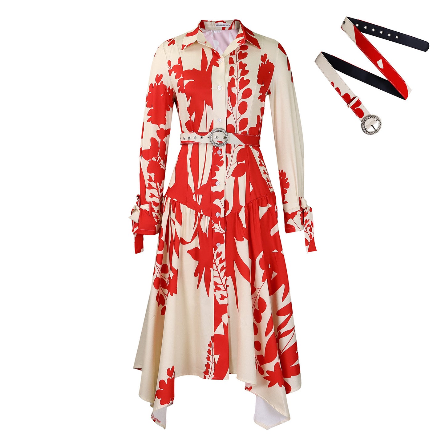 Long Sleeve Printing Lapel Irregular Loose Dress