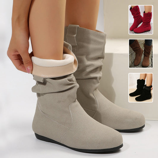 Winter Round Toe Flat Boots Fashion Solid Color Suede Mid-calf Boot Winter Warm Shoes For Women