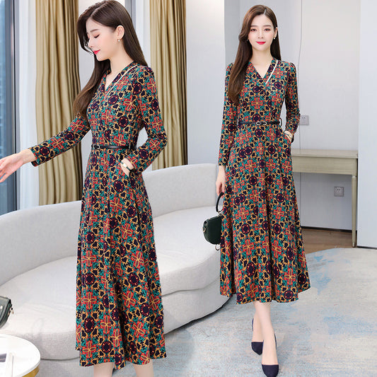 Brand New 2025 Elegant Autumn Winter Printed V-neck Long Sleeve Dress