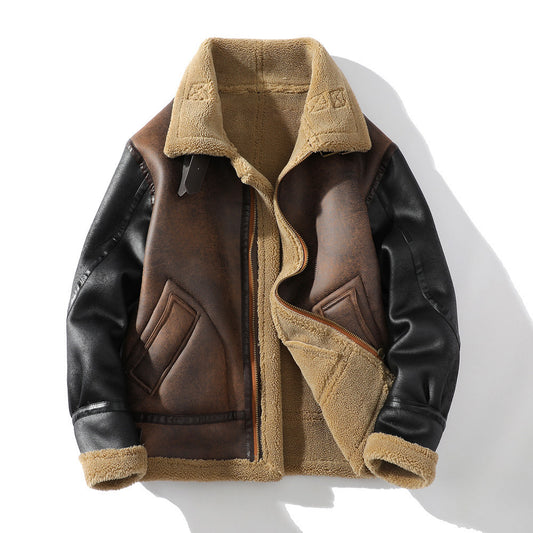 Winter Leather And Fur Jacket Men's Loose Lapels Color Matching Lamb Wool Velvet Padded Thickened Coat - FREE Laptop stand is offer