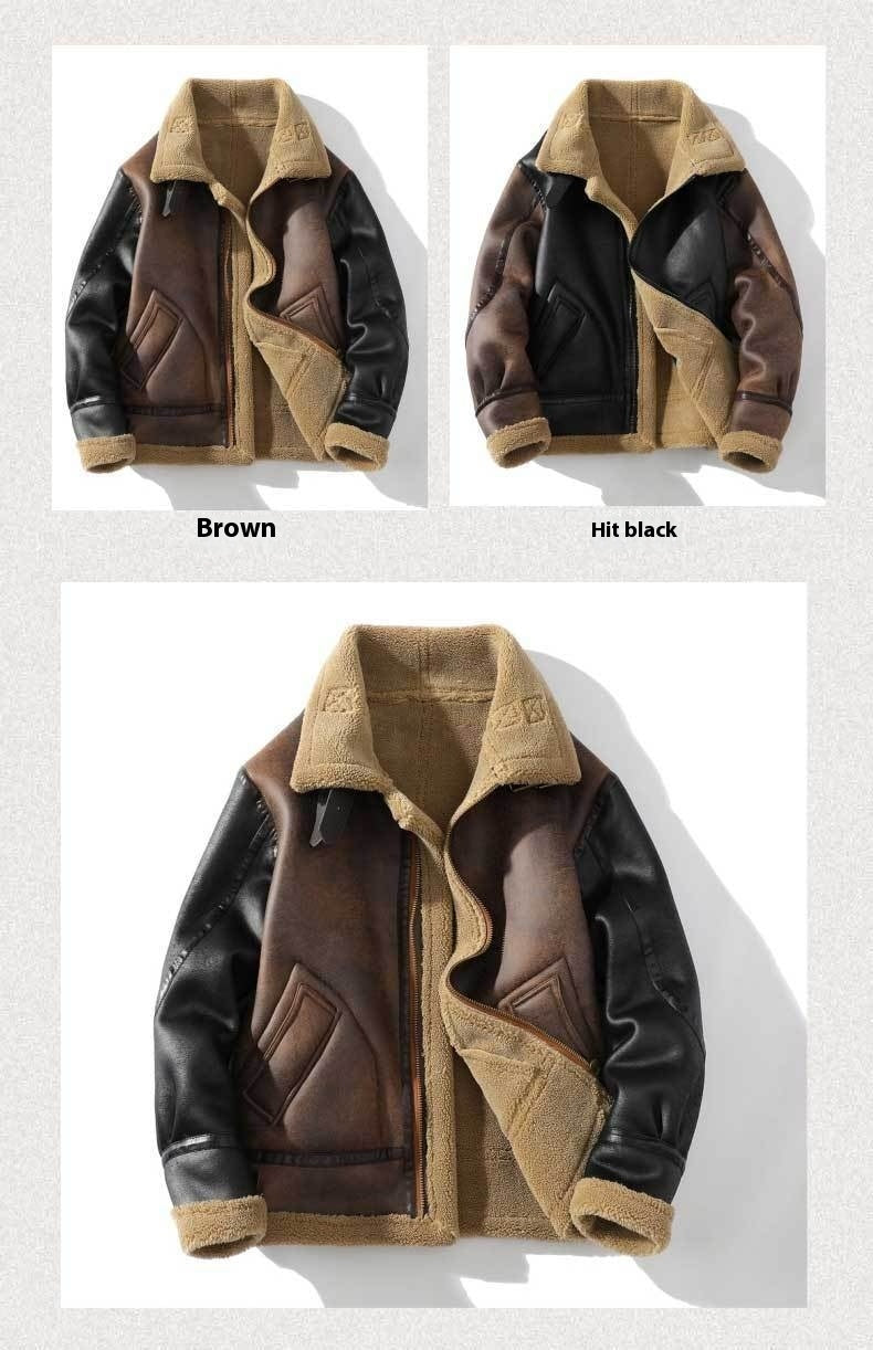 Winter Leather And Fur Jacket Men's Loose Lapels Color Matching Lamb Wool Velvet Padded Thickened Coat - FREE Laptop stand is offer