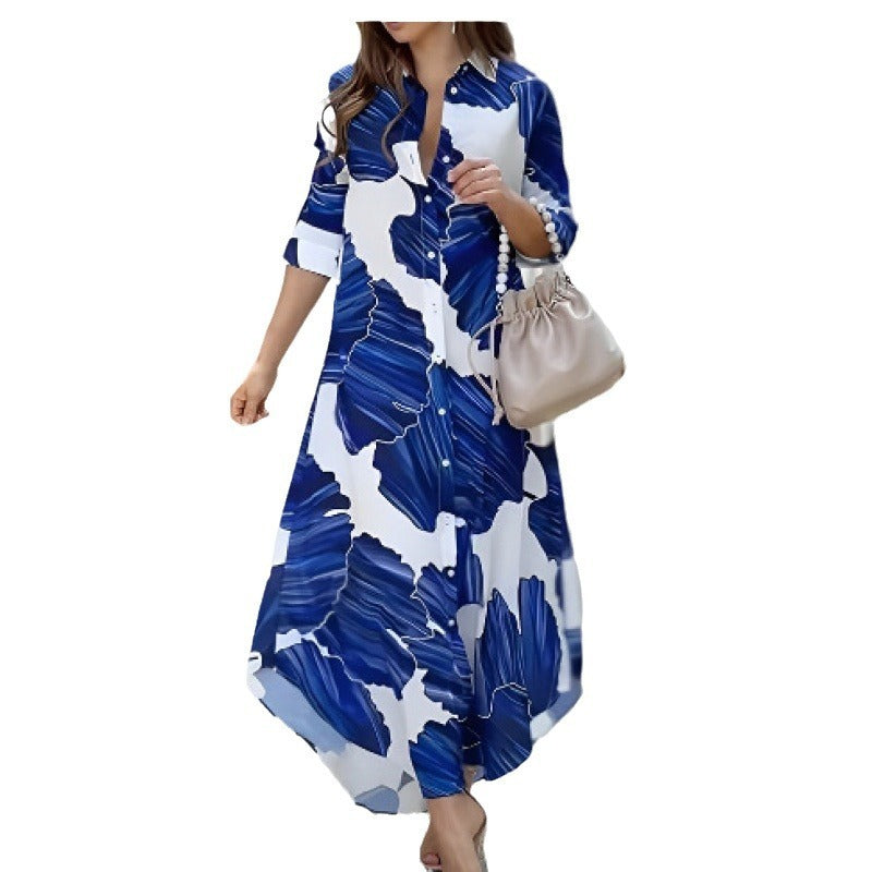 Blue Printed Loose Casual Dress