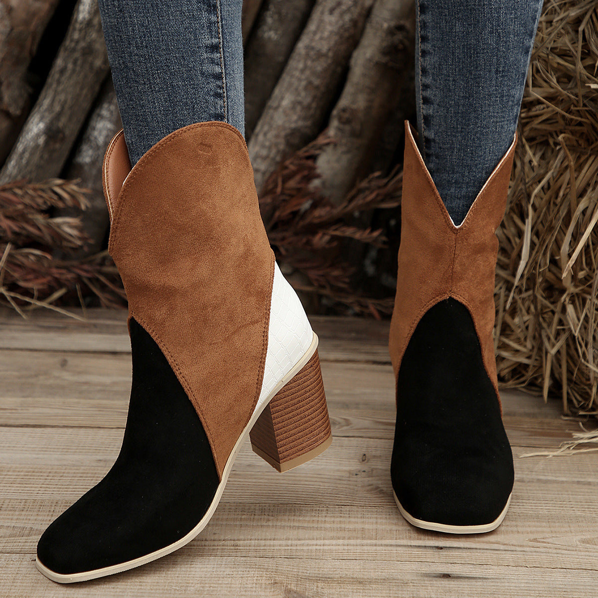 NEW2024-2025 Fashion Splicing Suede Boots Retro Pointed-toe Square High Heel Mid-calf Boots For Women Fall And Winter Shoes