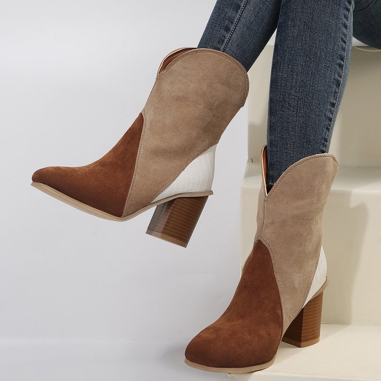 NEW2024-2025 Fashion Splicing Suede Boots Retro Pointed-toe Square High Heel Mid-calf Boots For Women Fall And Winter Shoes