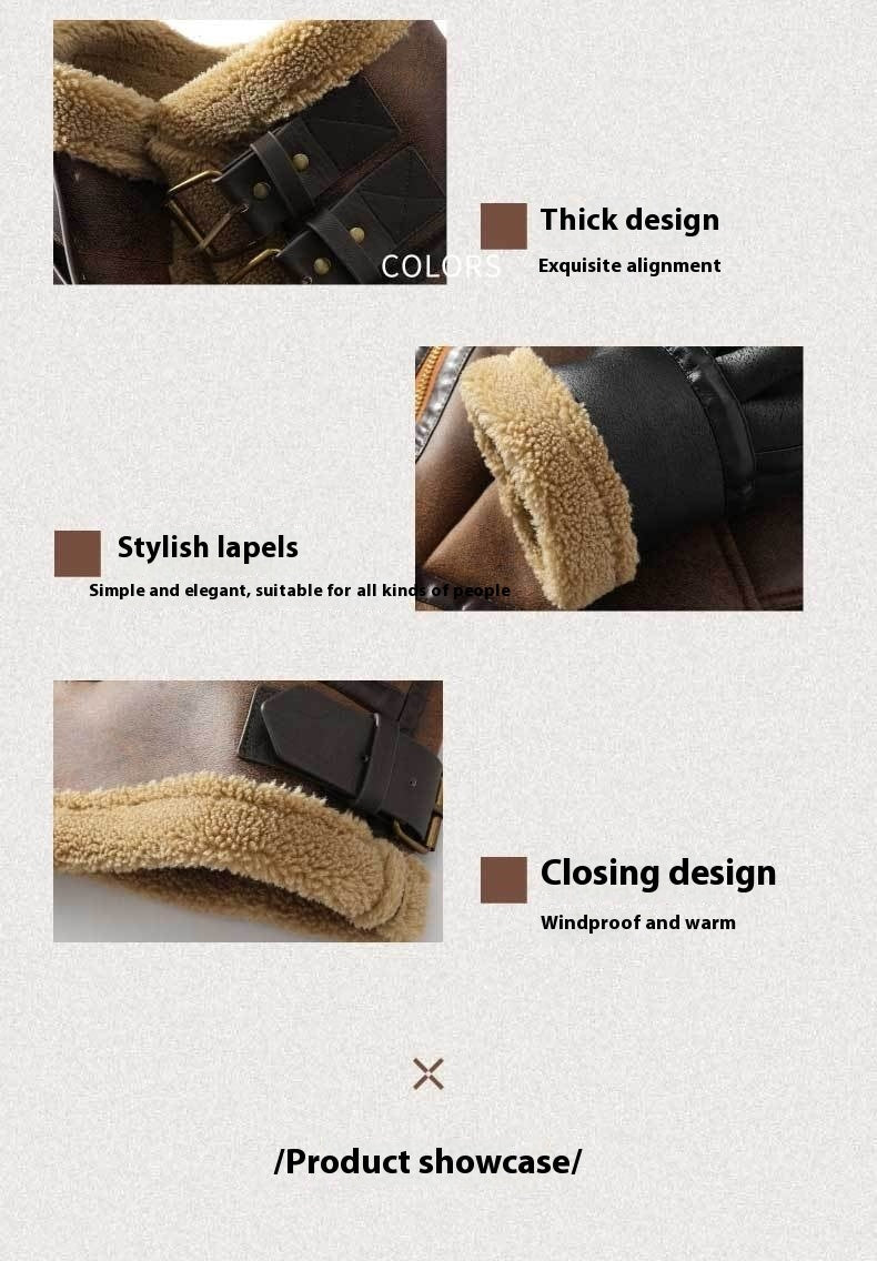 Winter Leather And Fur Jacket Men's Loose Lapels Color Matching Lamb Wool Velvet Padded Thickened Coat - FREE Laptop stand is offer
