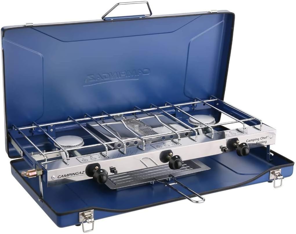 Campingaz Chef Folding Double Burner Stove and Grill compact gas cooker for camping or festivals Blue